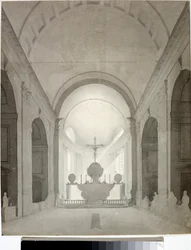 Interiörvy av en kyrka (teckning och akvarell, ca 1825)