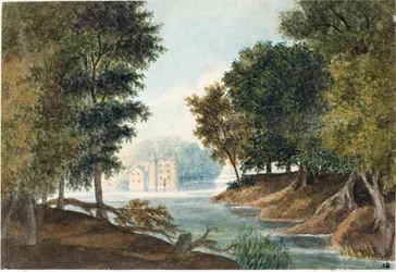 Landskap med flod och villa (akvarell, ca 1825)