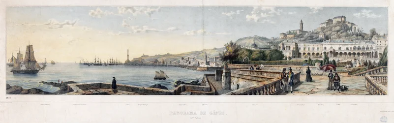 Panoramautsikt över staden Genua (litografi