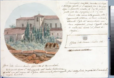 Teleskopvy av kyrkan San Salvatore al monte nära Florens (teckning och akvarell, ca 1833)