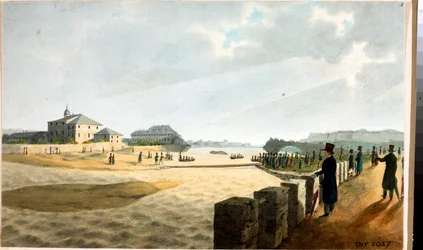 Utsikt över Pila-bron i Genua (akvarell, ca 1825)