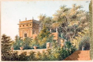 Utsikt över Villa Pallavicini delle Peschiere, Genua (akvarell, ca 1825)