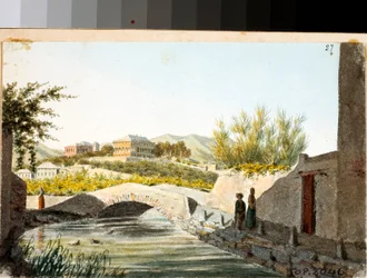 Utsikt över Villa Saluzzo Bombrini i stadsdelen Albaro, Genua (teckning och akvarell, ca 1825)