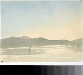 Utsikt över en sjö i gryningen (akvarell, ca 1825)