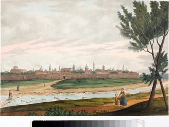Utsikt över en muromgärdad stad, troligen Lucca i Toscana (bläck och akvarell, ca 1820)