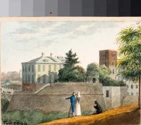 Utsikt över bastionerna och Santo Stefanos klocktorn, Genua (akvarell, ca 1825)