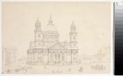 Utsikt över basilikan Santa Maria Assunta di Carignano i Genua (ritning