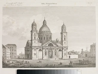 Utsikt över basilikan Santa Maria Assunta di Carignano i Genua (etsning