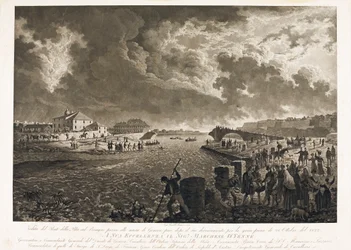 Utsikt över bron Pila i Genua, efter floden i Bisagno-strömmen den 26/10/1822 (Etsning, ca 1822)