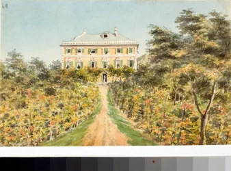 Utsikt över kasinot Lagomarsino på Rivarolos kust, nära Genua (akvarell, cirka 1823)