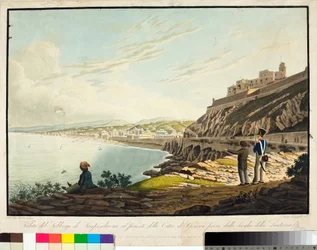 Utsikt över stadsdelen Sampierdarena väster om Genua, från fyren. (Etsning, ca 1813-1814)