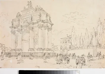Utsikt över triumfbågen i Porta san Gallo, Florens (ritning, ca 1825)