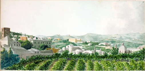 Utsikt över staden Genua med Santo Stefanos klocktorn (akvarell, ca 1825)