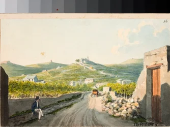 Utsikt över helgedomen Nostra Signora del Monte, Genua (akvarell, ca 1825)