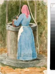 Folkets kvinna drar vatten från brunnen (akvarell