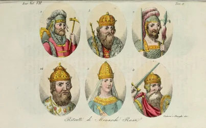 1. Rurik 2. Igor av Kiev 3. Olga 4. Sviatoslav 5. Vladimir den store 14. Ivan IV från Den antika kostymen av Giulio Ferrario, 1831