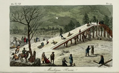 En bergochdalbana. Illustration från antika och moderna seder eller regeringshistoria av Giulio Ferrario, 1831