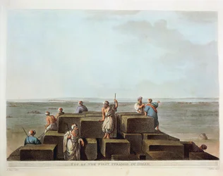 Egypten, toppen av den första pyramiden i Giza, gravyr från "Views" av Luigi Mayer
