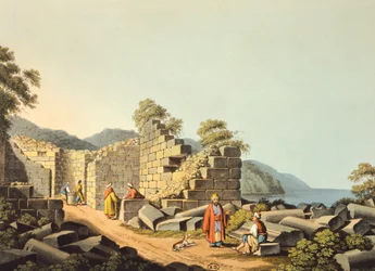 Grekland, ön Samos, ruiner av antika tempel, av Luigi Mayer, gravyr
