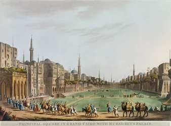 Principal Square i Grand Cairo, med Murad Beys palats, tavla 27 från "Views in Egypt", graverad av Thomas Milton (1743-1827) och utgiven av Robert Bowyer (1758-1834) 1801 (akvatint).