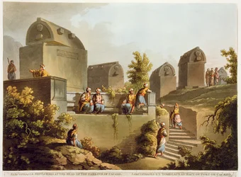 Sarkofager och gravar vid hamnens huvud i Cacamo, från "Views in the Ottoman Empire", utgiven av Robert Bowyer (1758-1834) 1803 (akvatint)