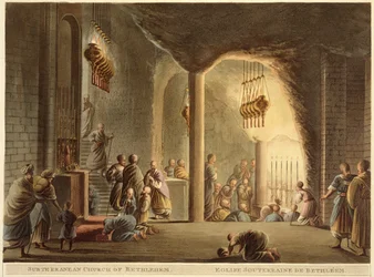 Betlehems underjordiska kyrka, från "Views of Palestine", Vol.II, utgiven av R. Bowyer Historic Gallery, London, 1803 (färgad akvatint)