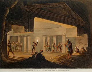 Vy över katakomberna i Alexandria (Egypten) från Views in Egypt av Luigi Mayer, gravyr