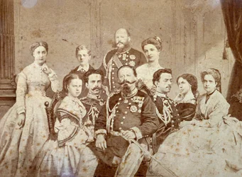 Bilden föreställer olika medlemmar av den kungliga familjen i Savojen. I mitten, sittande, Victor Emmanuel II, Umberto I och Amedeo i full uniform; regentens döttrar och Elisabetta av Sachsen i eleganta kläder. I bakgrunden, till höger