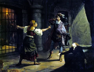 Le Fere (Il Trovatore) av Giuseppe Verdi (1813-1901). kromolitografi av Luigi Morgari