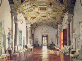 Den stora agathallen i Katarinapalatset i Tsarskoye Selo, 1859 (wc och vit färg på papper)