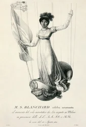 Porträtt av den franska ballongfararen Sophie Blanchard under hennes flygning i Milano, Italien, 1811