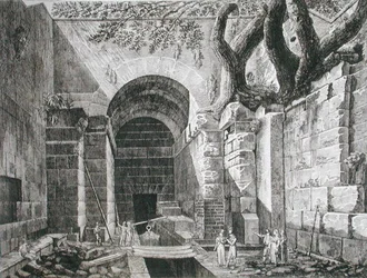 Romerska lämningar vid Castel Gandolfo, Lake Albano, från "The Antiquities of the Contours of Rome", publicerad 1824-26 (etsning)