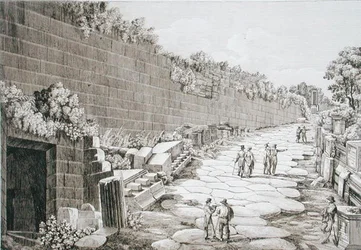 Romersk väg till Tusculo efter den första utgrävningen 1825, från "Le Antichita dei contorni di Roma", publicerad 1824-26 (etsning).