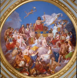 Gudarnas råd (eller gudarnas församling): Zeus på Olympen omgiven av gudomligheter. De är avbildade uppifrån och ned och till vänster: Ganymedes, Athena, Poseidon, Hermes, Hefaistos, Afrodite, Eros, de 3 chariterna, Dionysos och Ares. I mitten