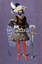 Blått skägg. teckning av Luigi Sapelli Caramba (1865-1936) från 1910 för operan Ariane och blått skägg av Paul Dukas