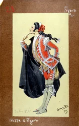 Representation av figuren Figaro, "Figaros bröllop" av Wolfgang Amadeus Mozart från 1786. Kostym av Luigi Sapelli Caramba (1865-1936)