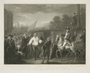 Lodewijk XVI vid het schavot Lewis den sextondes lugna och samlade beteende vid avsked från sin biktfader Edgeworth / ögonblicket innan en period sattes till hans existens den 21 januari 1793 (titel på objekt)