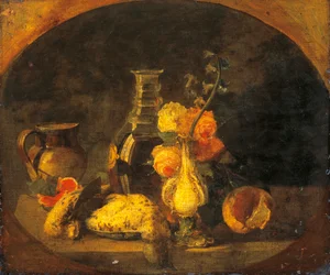 Stilleben, av Luigi Scrosati (1814-1869), olja på duk, 43x50 cm