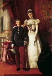 Porträtt av Alfonso XIII (1886-1941) och Maria Cristina de Teschen, känd som Maria Cristina av Habsburg (1858-1929), ärkehertiginna av Österrike