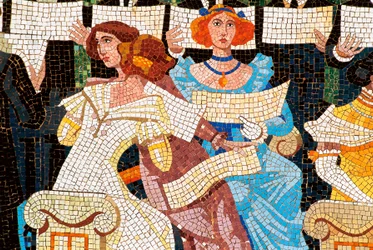 Art Nouveau-arkitektur: Palace of Catalan Music, Barcelona. Mosaik som dekorerar fasaden: kvinna som sjunger i den katalanska kören (Orfeo Catala), detalj till vänster. av Luis Domenech i Montaner (1850-1923) och Lluis Bru I Salelles (1868-1952), 1905-19