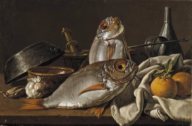 Stilleben med braxen, apelsiner, vitlök och köksredskap, 1772