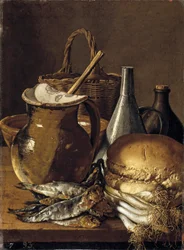 Stilleben med sill, gräslök, bröd och köksredskap