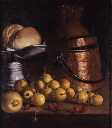 Stilleben med frukter och köksredskap