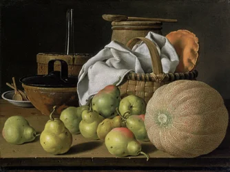 Stilleben med melon och päron