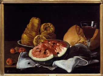 Pasteque, bröd, tårta och vinkopp. Målning av Luis Melendez (1716 - 1780), spansk skola