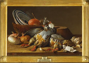 Stilleben med två rapphöns, lök och köksredskap ... (målning på duk)