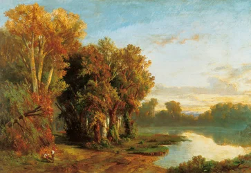 Landskap på stranden av en flod. Målning av Luis Rigalt (1814-1894). Olja på duk. Kataloniens nationella konstmuseum, Barcelona.