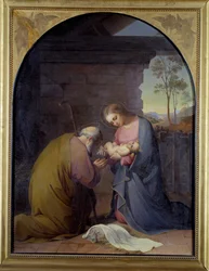 Tillbedjan av Jesus (Jesus och Maria som dyrkar Jesus) Målning av Luisa Mussini Piaggio (1830-1865) Dim 109x81 cm Genes, Galleria d