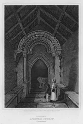 Ingången till Aspatria Church, Cumberland (gravyr)