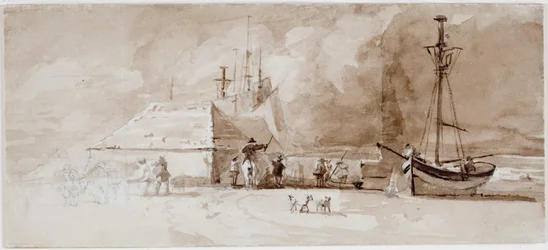 Strandscen med ryttare (blyerts och akvarell på kartong)